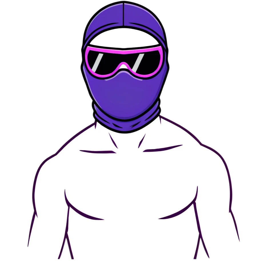 shirtless athletic man with white skin, wearing a purple balaclava face mask and purple sunglasses with black tinted lenses emoji