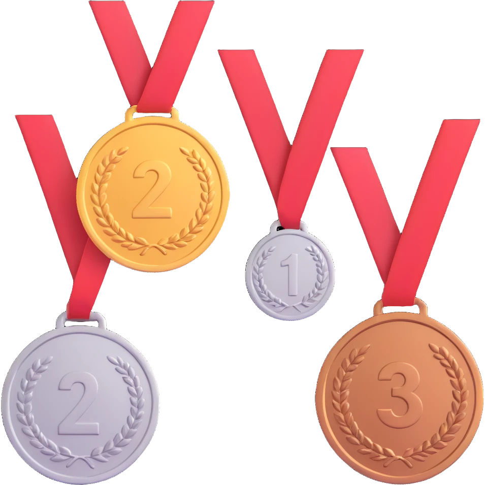 3 winners in 1st, 2nd & 3rd place emoji show the order numbered with 2, 1, 3 emoji