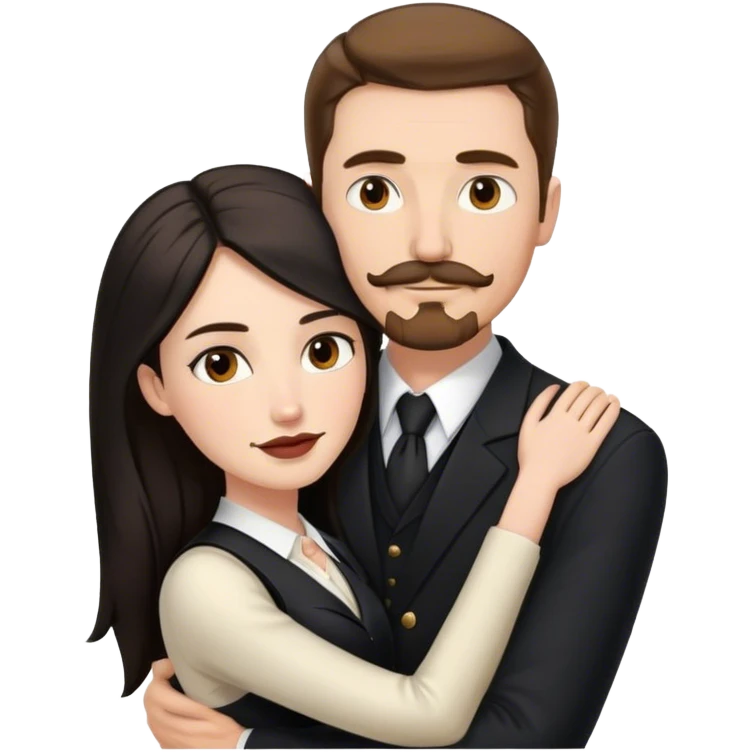 married couple portrait, tall white man with brown hair goatee mustache embracing a pale woman with long black hair, wearing formal clothing emoji