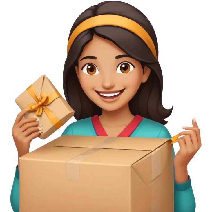 indian woman excitedly opening online purchase emoji