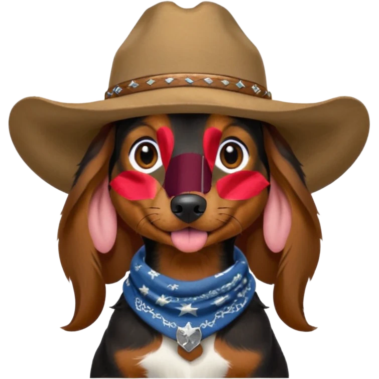 mostly black with some brown long hair daschund with a cowboy hat, ears curl out a bit and bandana and tongue slightly out emoji