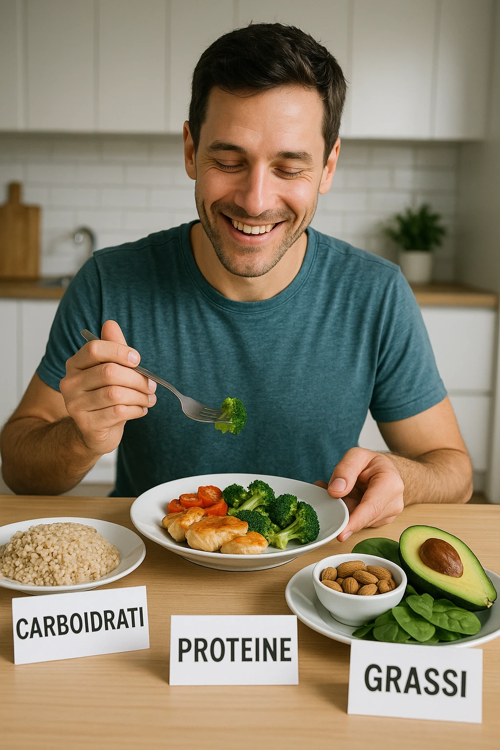 uomo che fa alimentazione attraverso i giusti macronutrienti. Scritte in ITALIANO immagine 4k realistica emoji