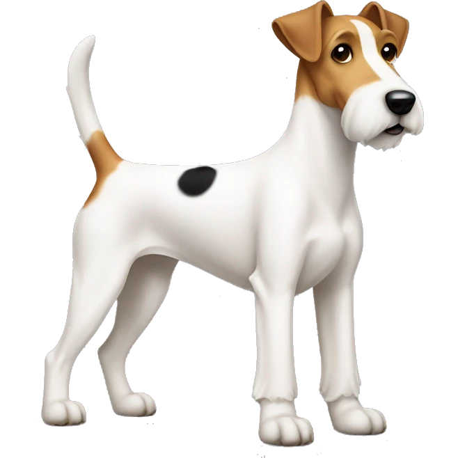 a dog with a black-brown muzzle, completely white paws and body, and a small black spot on the left side of the body, the name of the breed is that fox terrier emoji