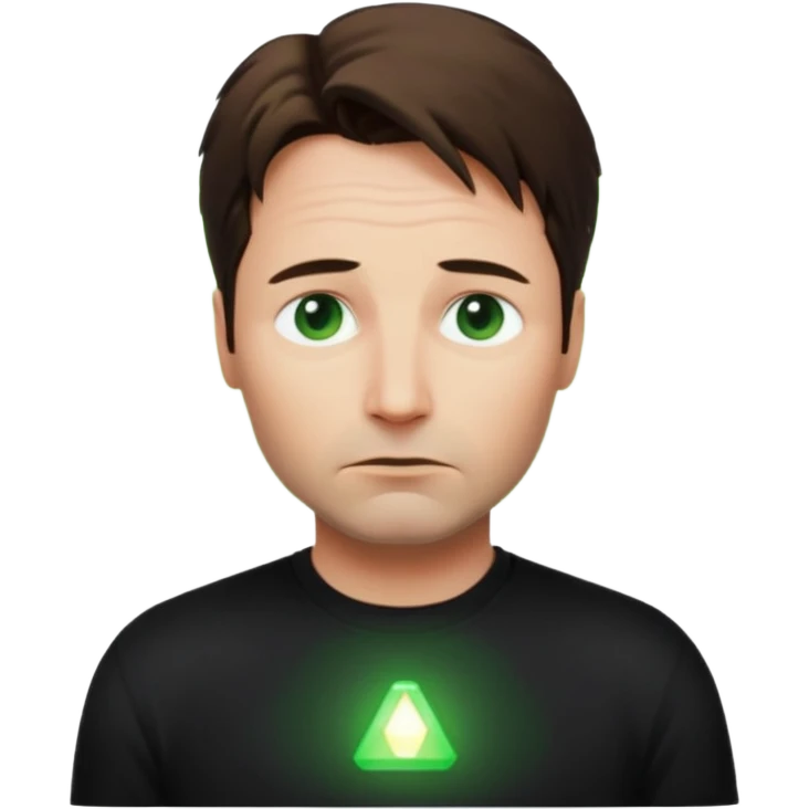 Mulder from the x-files looking very very worried (not trusting anyone today) while wearing a dark t-shirt with no markings. A green beam of light from a UFO illuminates him emoji