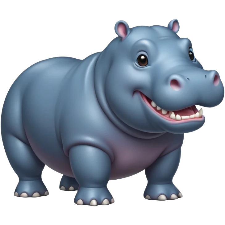 cinematic-hippo-realistic-full-body-side-view-standing-on-all-fours-emoji,-massive-round-frame,-wide-mouthed-grin-exposing-huge-teeth,-head-tilted-dramatically,-thick-greyish blue-hide-glossy, big cute eyes emoji