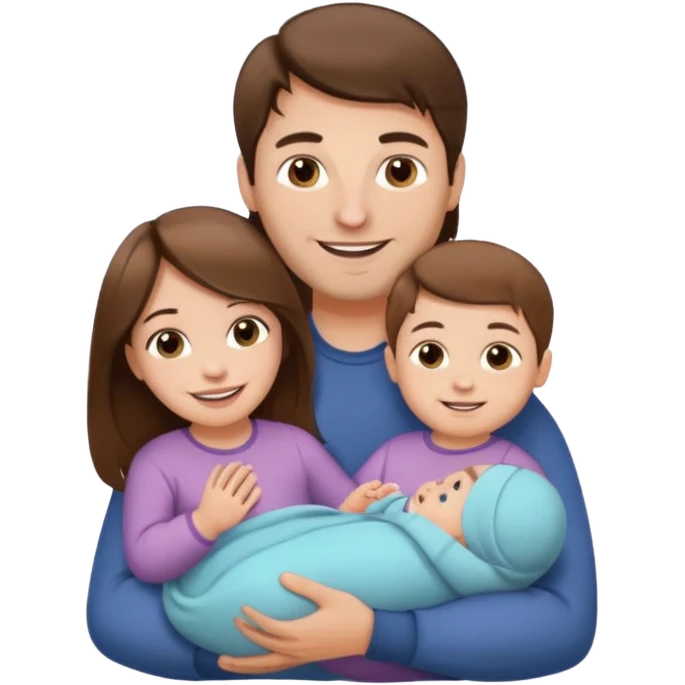 "Woman with long brown hair and fair skin holding a baby girl. And man with short brown hair and fair skin, without a mustache, holding a child. Smiling." emoji