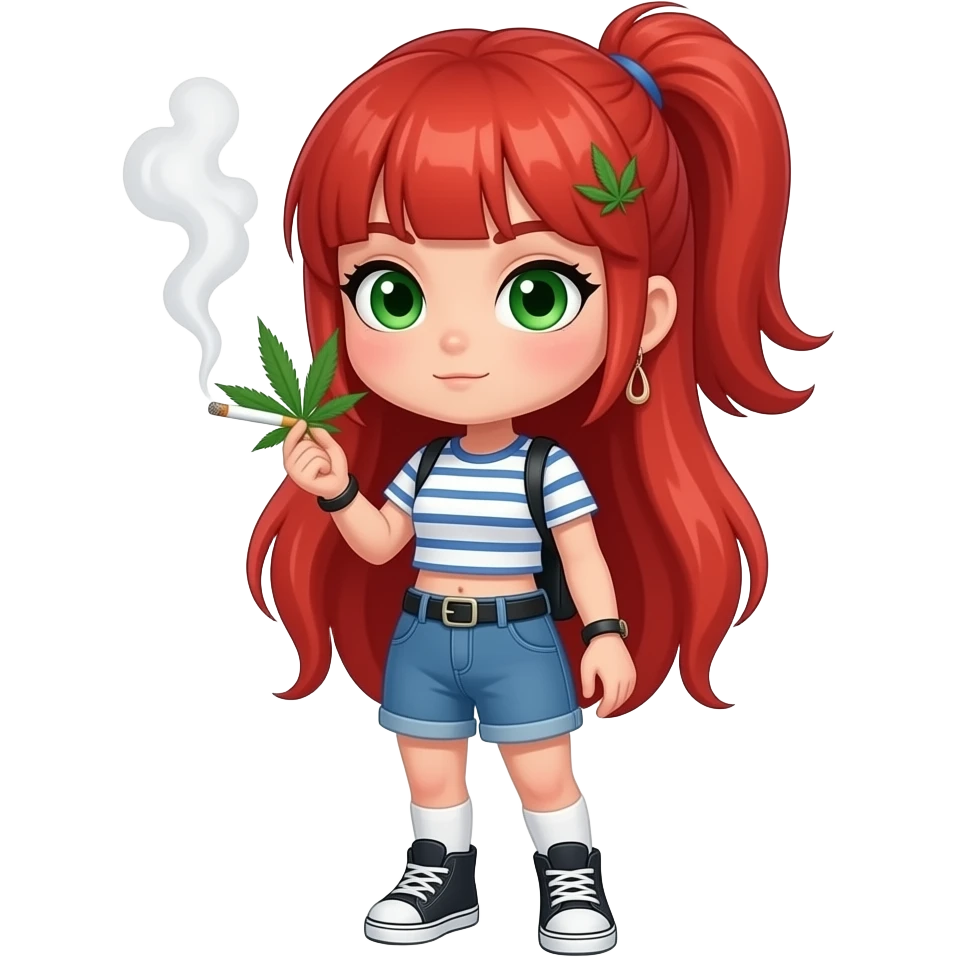 Ruby red haired chibi girl with green eyes smoking weed emoji