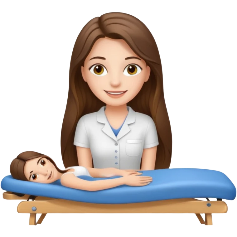 smiling white long brunette hair girl with hazel eyes on massage table emoji