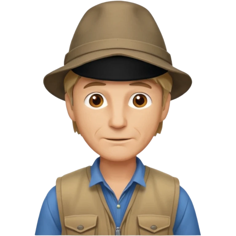 create an emoji of an adult man with wrinkles and a adventurer hat (Indiana. jones style), he has extremely short dark blonde hair, brown eyes and a light brown adventure vest emoji