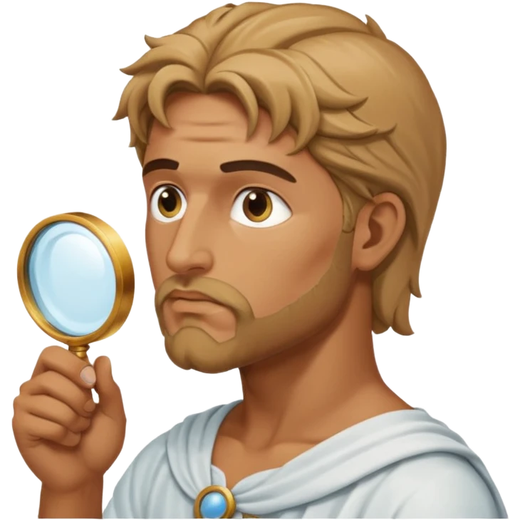 Dios griego de perfil mirando con una lupa de emoji