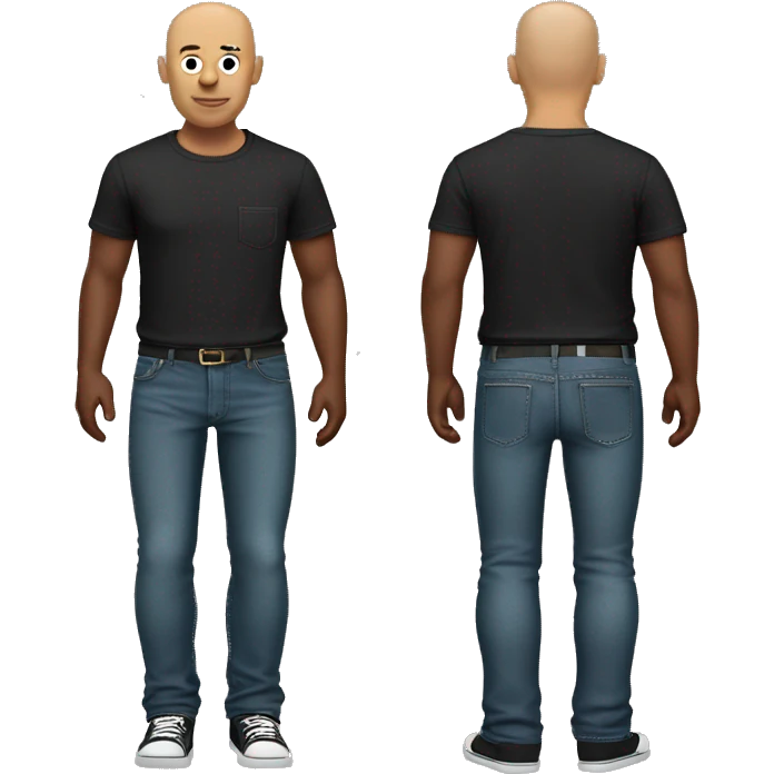 Standing bald man with a black and wine t-shirt with a pocket and a jeans pants emoji