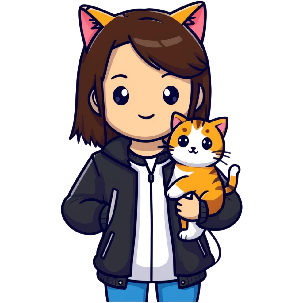 A brown straight-haired girl wearing black jacket with cats emoji