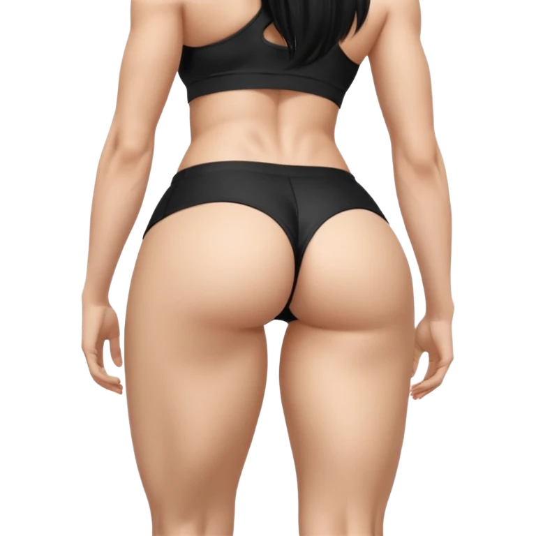 fitness model pose direct back view hyperealistic with very developed and spread out glute muscles black hair, gym fits and short shorts emoji