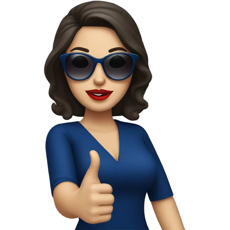
brunette in dark blue sunglasses, with red lips and in a dark blue dress shows a thumbs up emoji