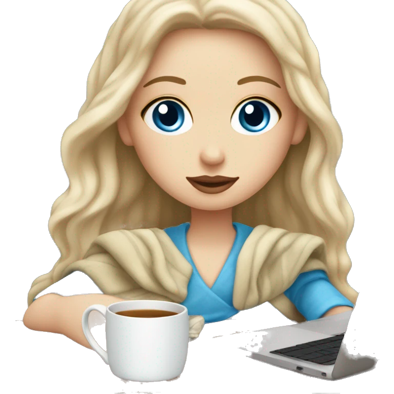 White Girl with blue eyes drinking tea with blanket on a macbook emoji