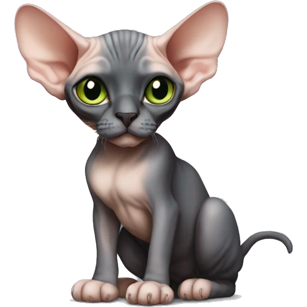 The Sphynx cat is sitting, she has not bright green eyes and black ear pads. there is black fur on her nose emoji