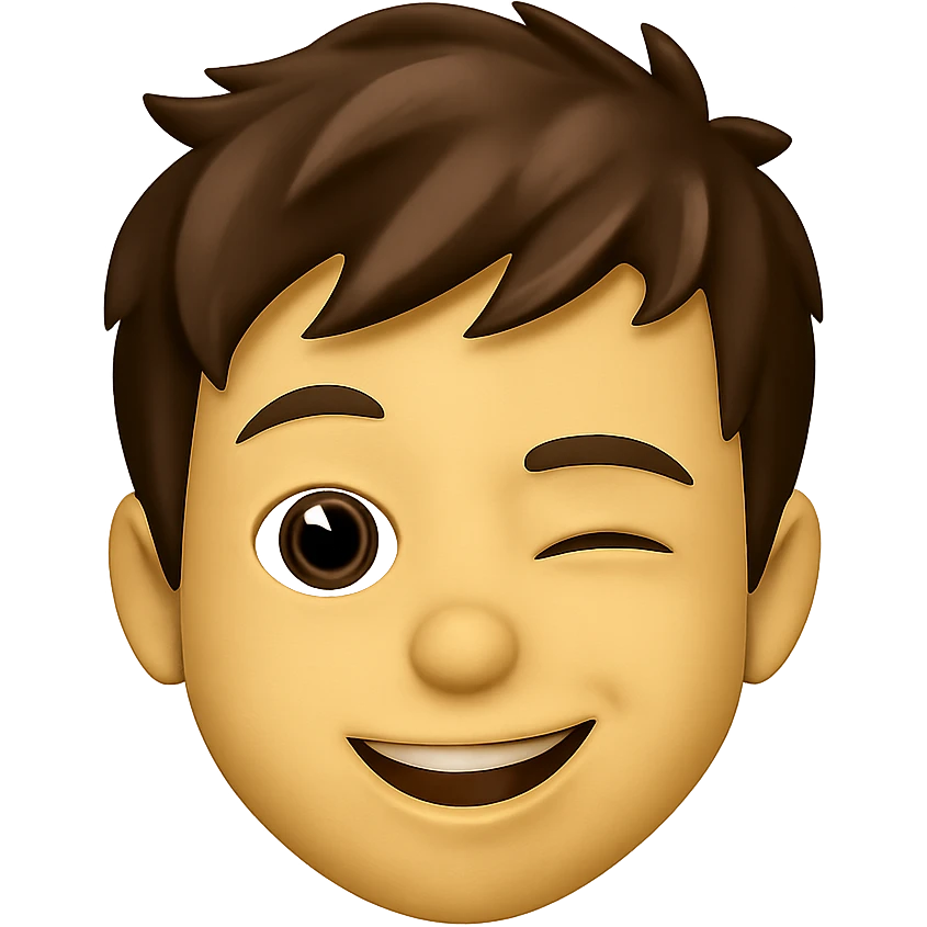 emoji face of a young person with short tousled brown hair, light skin, winking expression emoji