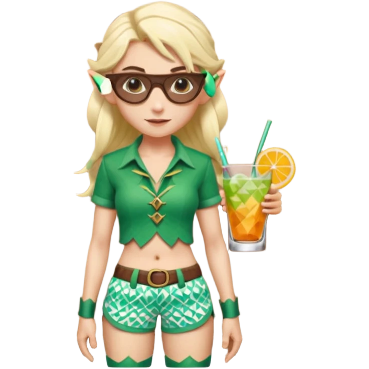 elf female legolas portrait, patterned board shorts (geometric/abstract), unique wooden-framed sunglasses, undercut hairstyle, slight smirk, visible pointy ears, no background, centered emoji, hipster summer vibe coctails emoji