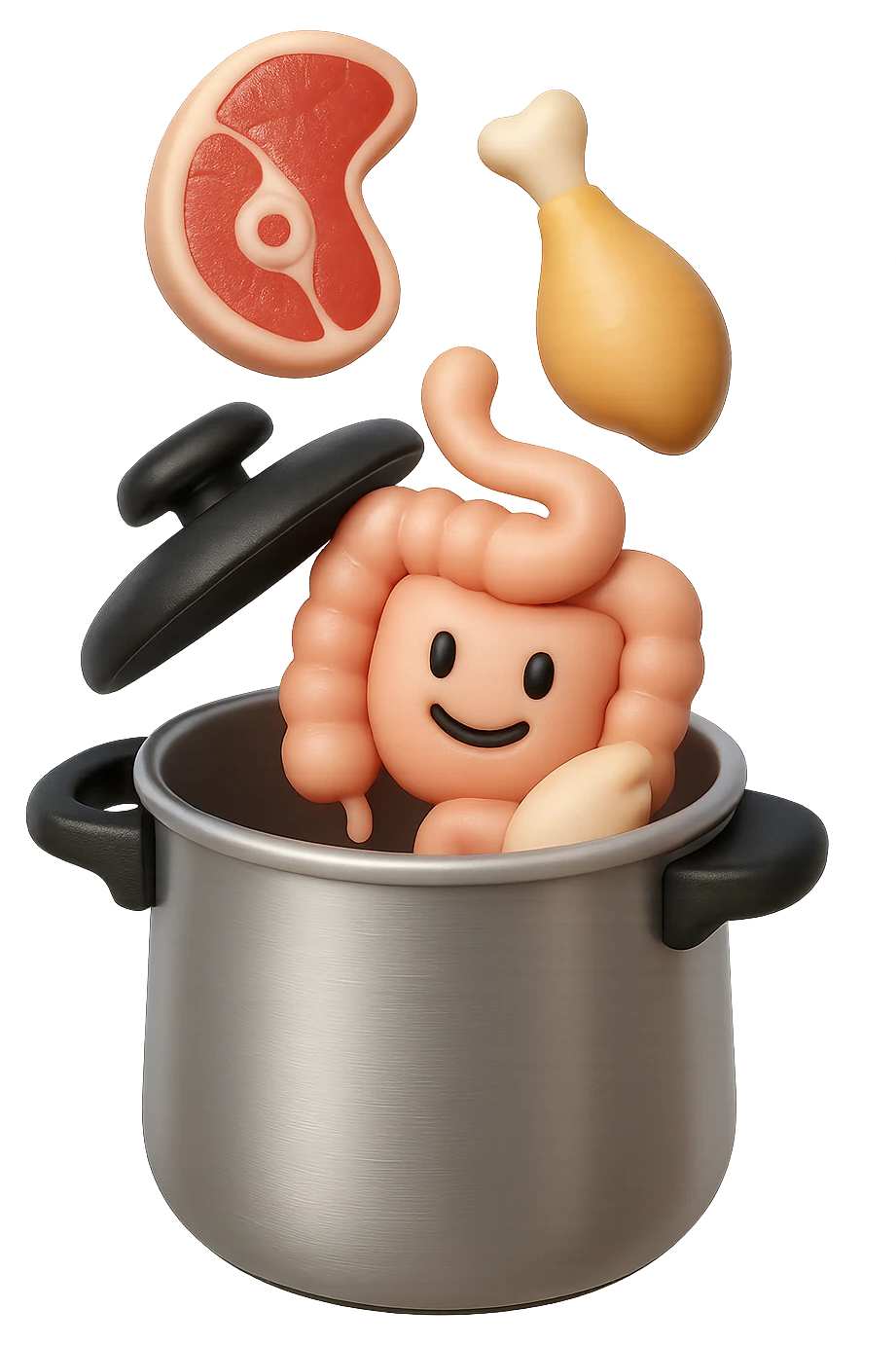 emoji stile iphone in 3d di una pentola a pressione dentro cui cadono agnello, pollo, tacchino crudi e un intestino umano felice da cuocere, iperrealistico 4k emoji