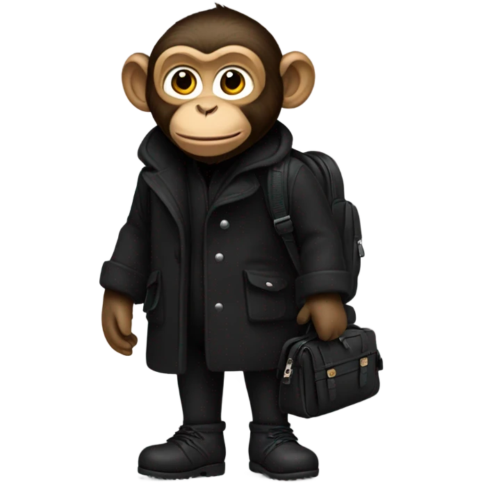 Monkey wearing black wool coat black ugg boots black backpack emoji