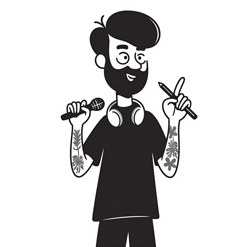 pop musician with stylish short beard, sleeve tattoos, headphones around neck, enthusiastic smile, gripping microphone with left hand and pencil with right hand emoji
