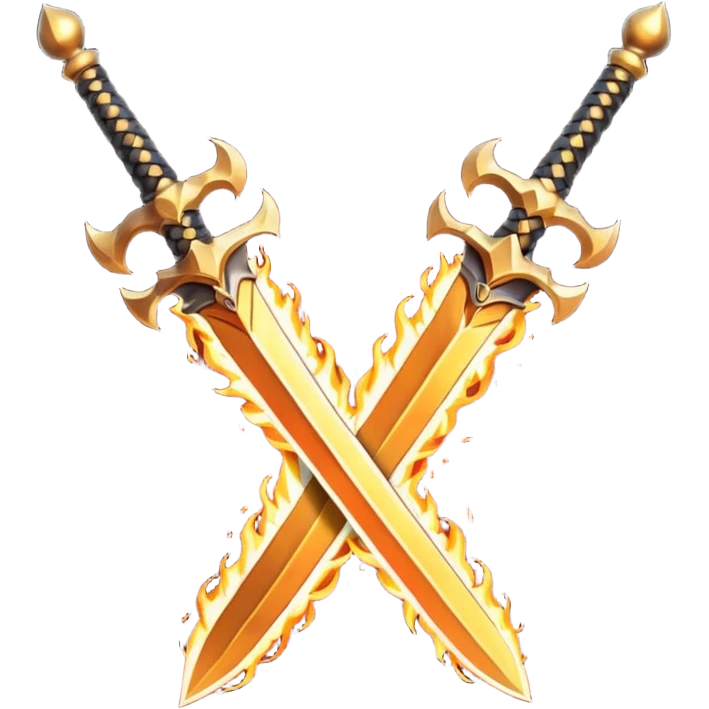 Two powerful on fire fully golden fiery royal crossed swords emoji