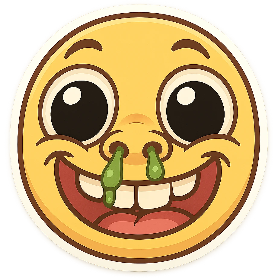 silly emoji-style face with oversized eyes, large nostrils with green boogers, wide grin with prominent buck teeth emoji