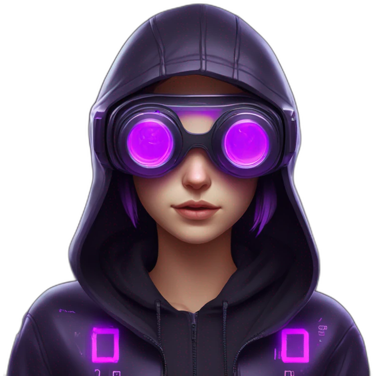 Russian girl wearing black hoody with violet letters "OMG", in vr headset. Cyberpunk style. Violet neon. emoji