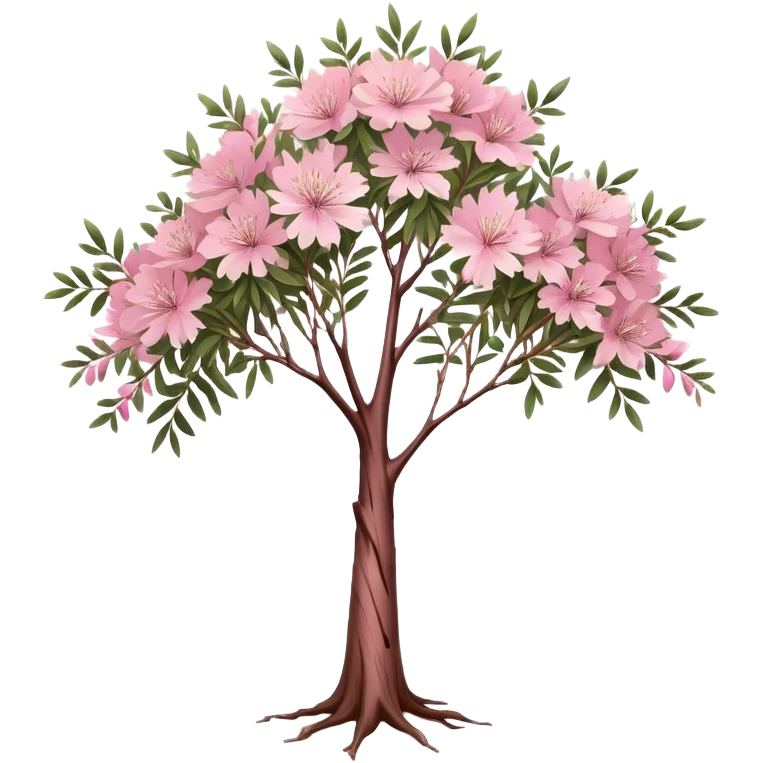 Cinematic Realistic Melaleuca Emoji, Elegant and resilient, with peeling, papery bark and delicate, needle-like leaves. The tree stands tall and graceful, with clusters of white and pink flowers dotting the branches. Soft glowing outline, capturing the essence of natural elegance and resilience in a beautiful melaleuca tree! emoji