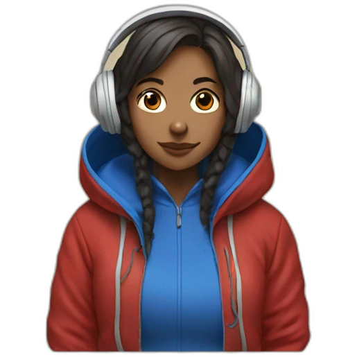 Lo-fi girl studing headphones, blue jacket, red hoodie emoji