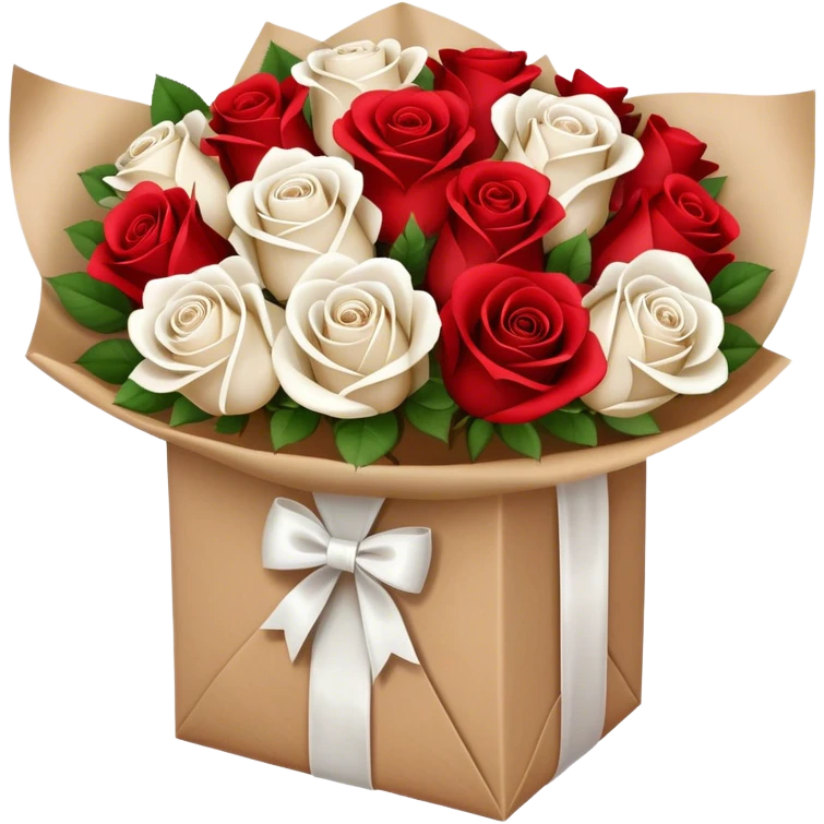 white and red roses bouquet in brown paper with white bow emoji