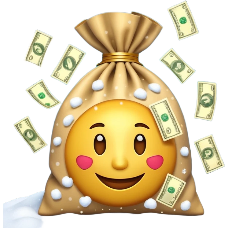 3D emoji style, money bag with dollar bills, New Year theme, snow particles, festive lighting, rich vibe, high detail, transparent background

 emoji