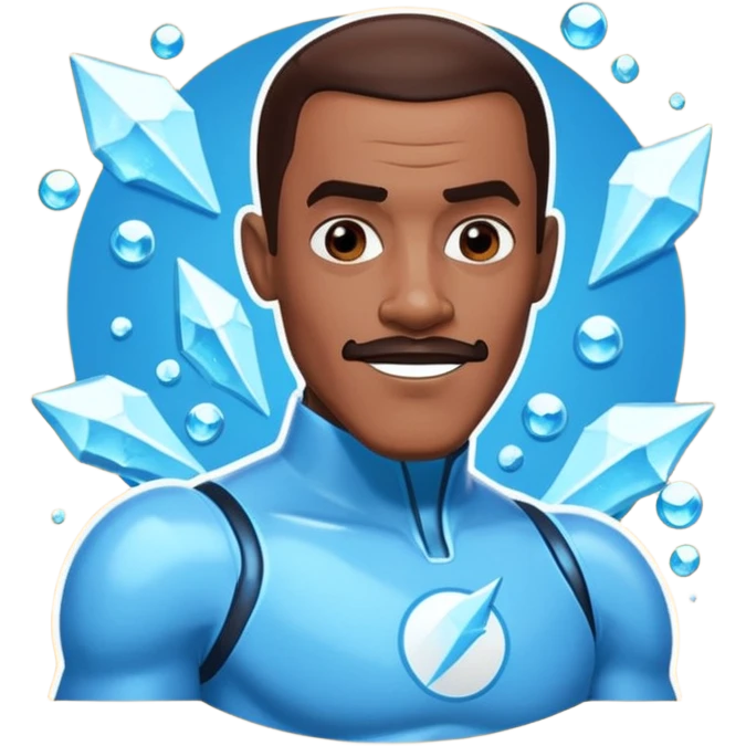 Frozone character in retro stickers style, dynamic pose, icy effects, bold outlines, vibrant colors he says "c'est carré dans l'axe" emoji