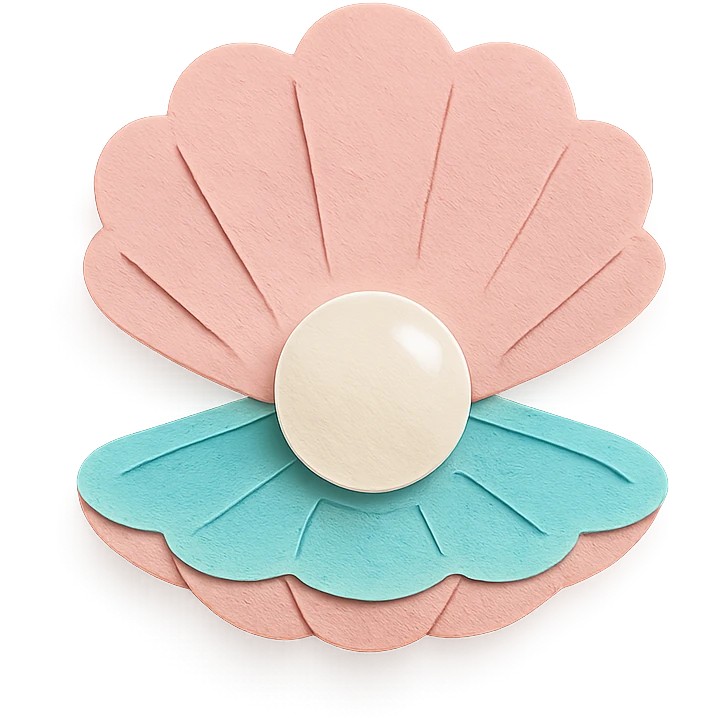 illustration of a clam shell open with a shiny pearl inside, soft pastel colors, paper-craft style emoji