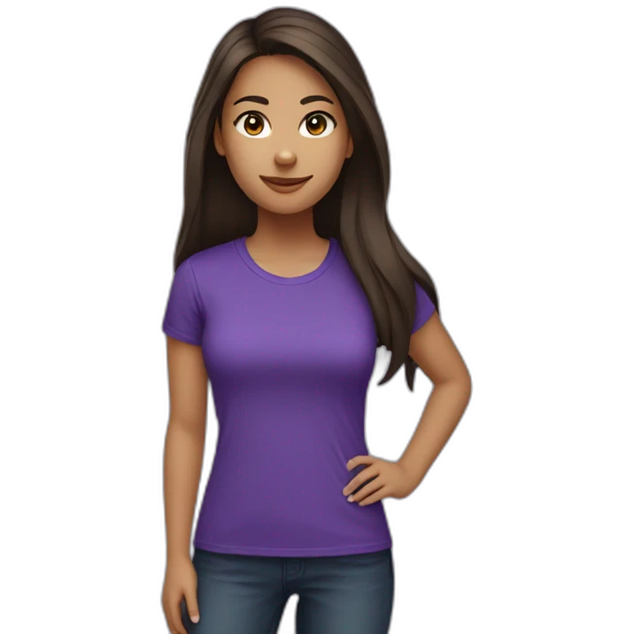 young women,dark long brown hair,using purple tshirt whith letters "4tech emoji