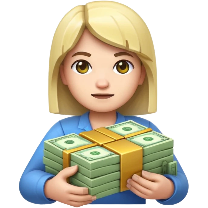 emoji style icon, minecraft blocky character holding a stack of money, pixel art style, bright colors, simple background, 3D glossy emoji, centered composition, soft shadow, high detail, clean outline, white background emoji