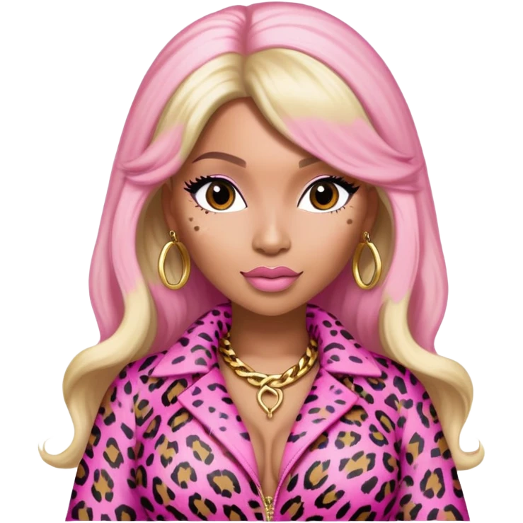 Nicki Minaj wearing a pink leopard print outfit with hair that is half blonde and half pink emoji