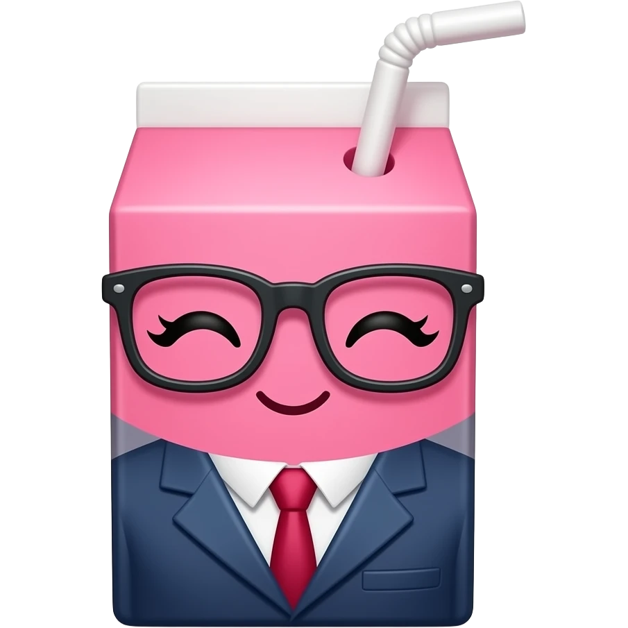 Cute pink juice box with eyeglasses and eyelashes, wearing a business dress emoji