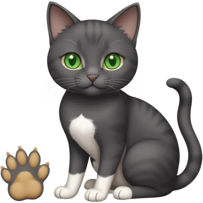 beautiful female solid dark grey cat with green eyes, white toes/paws and white patch on her chest playing emoji