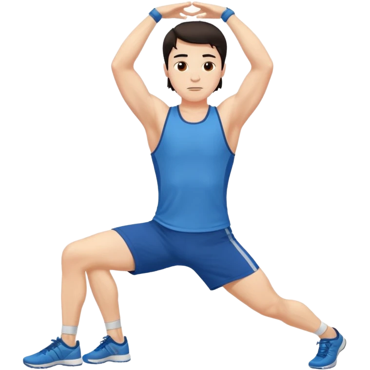 Hombre blanco pelinegro haciendo ejercicio de estiramiento, calentamiento emoji