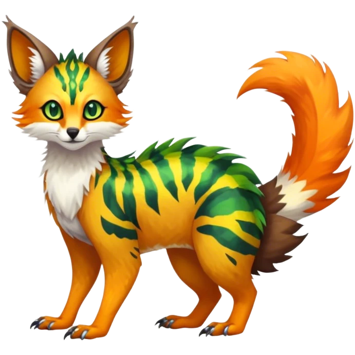 Feral Rare Fantasy vibrant colorful tropical Vernid-Trico-species by LiLaiRa, random markings, tufted tail, tufted ears, full body emoji