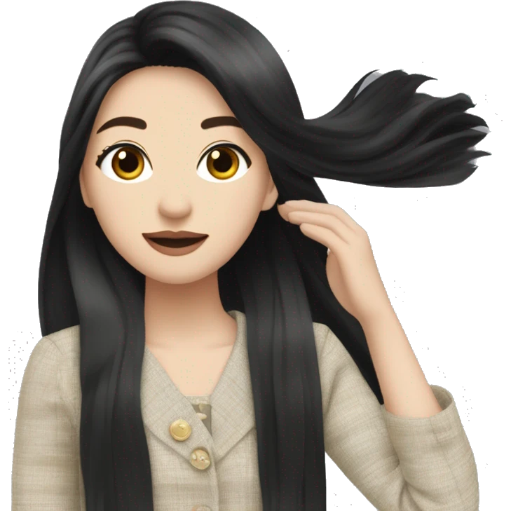 A very beautiful pale Asian girl with silky long black straight hair,waving in the wind,she wears headband and wearing chanel tweed emoji