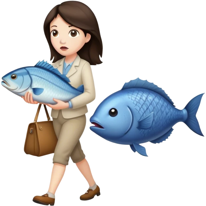 Confused Brunette Woman walking with huge fish emoji