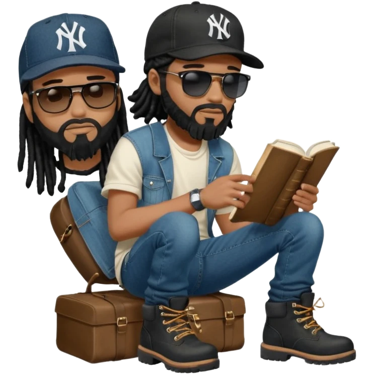 African American man with shoulder length black dreadlocks with black beard wearing black sunglasses with a black New York Yankees logo baseball cap wearing denim skinny jeans and Timberland boots reading a Bible emoji
