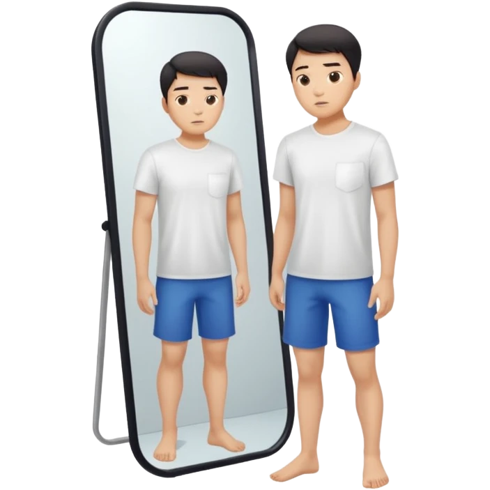 A young Asian guy is sadly examining his body in a full-length mirror. emoji
