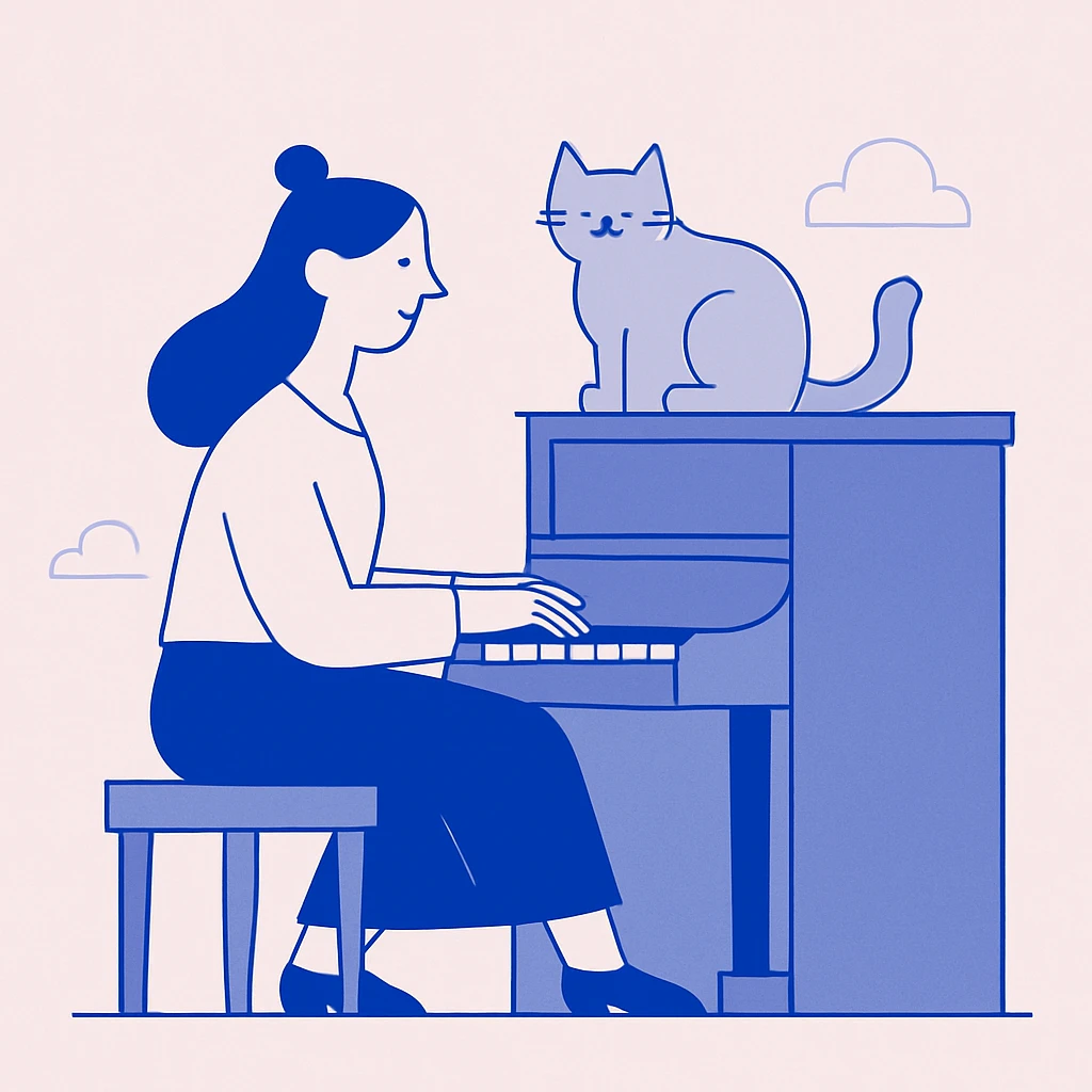 person playing piano with her cat sitting on the piano emoji