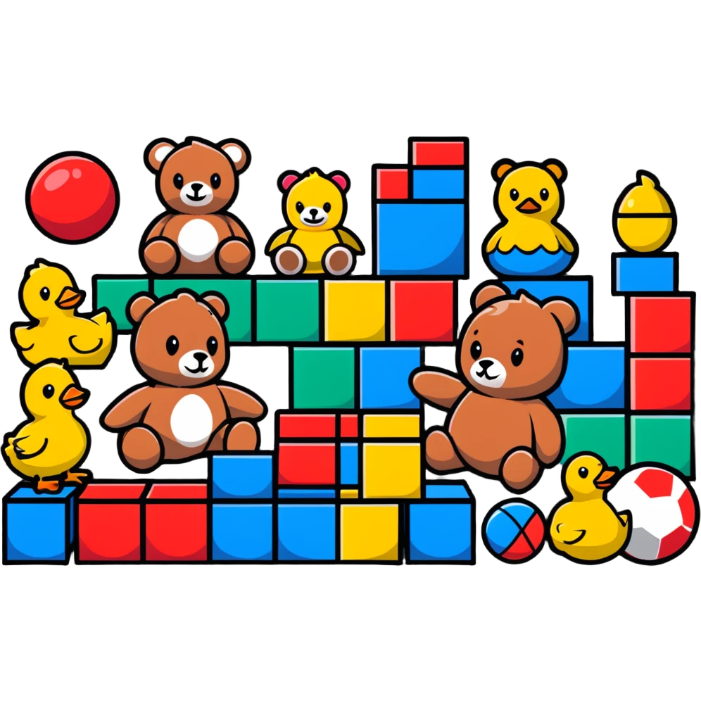 Colorful toys scattered together - teddy bear, rubber duck, toy blocks, ball, and action figures emoji