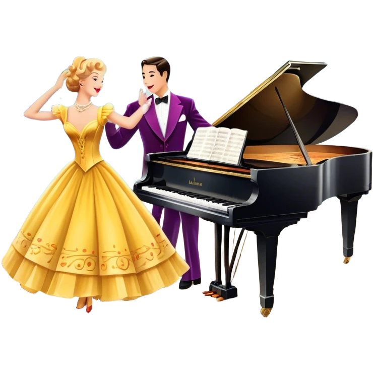 A vintage movie poster-style design featuring musical notes, a shining spotlight, and performers in glamorous costumes. Include elements like a dancing couple, a grand piano, and colorful stage lights. Retro cinematic flair with a lively and joyful atmosphere. Transparent background. emoji