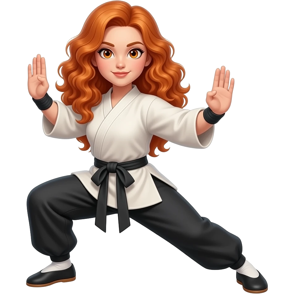 sexy girl with long curly ginger hair and ginger eyes is doing kungju emoji