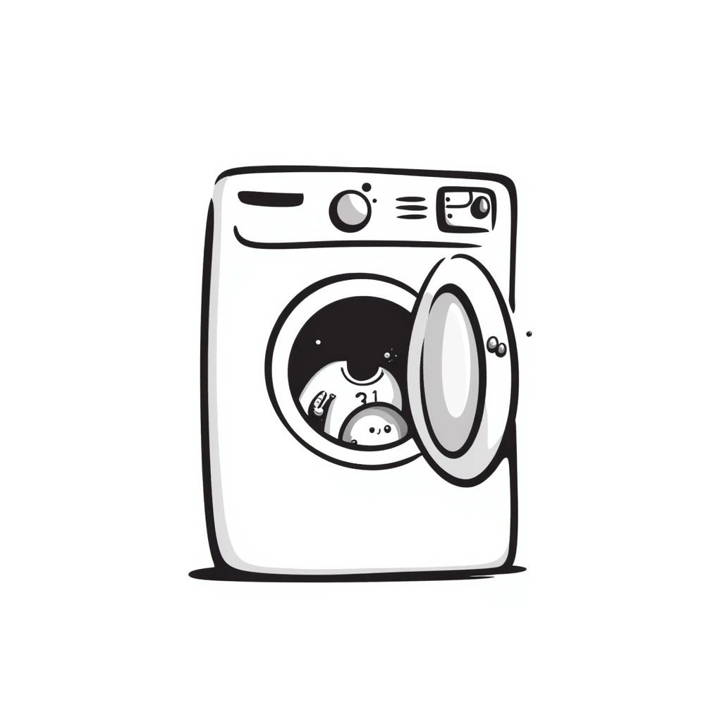washing machine with bubbles and clothes peeking out, doodle style emoji
